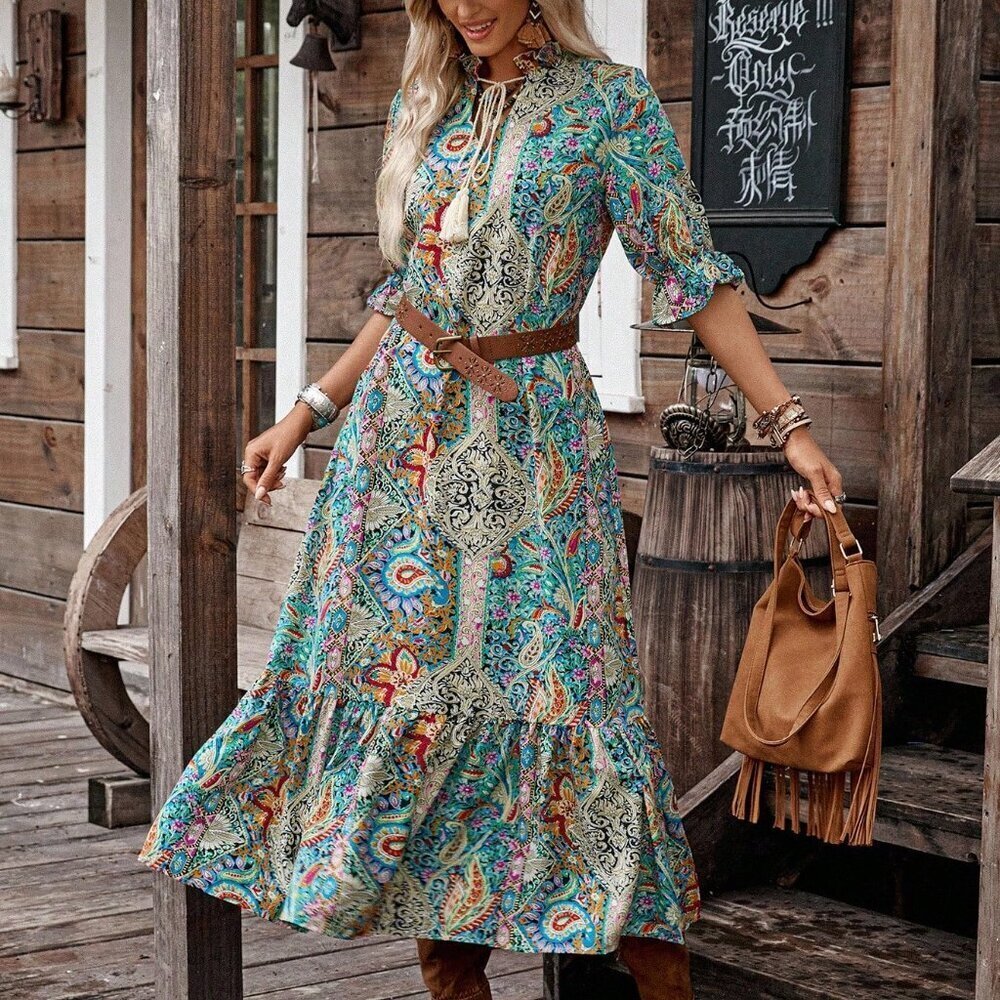 Multicolor Bohemian Women's Printed Mid-Sleeve Fringe Dress - Picture 5 of 7
